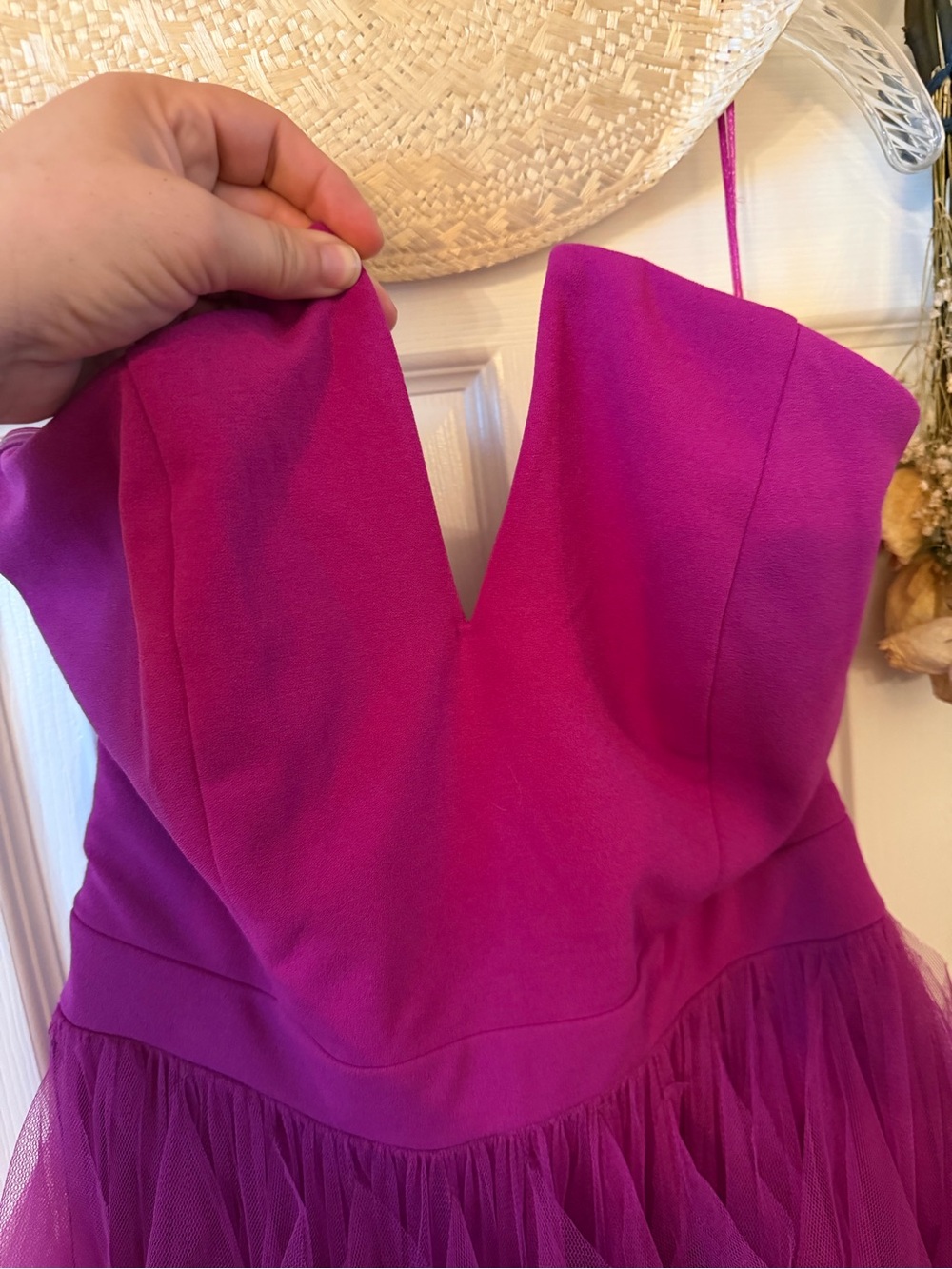 Strapless Fuchsia Ruffled Tulle Evening Dress - Picture 2 of 7